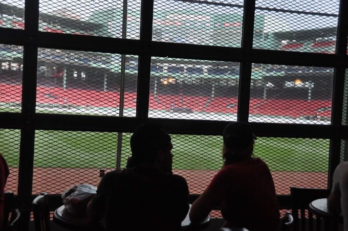 inside Fenway Park bar looking at the diamond